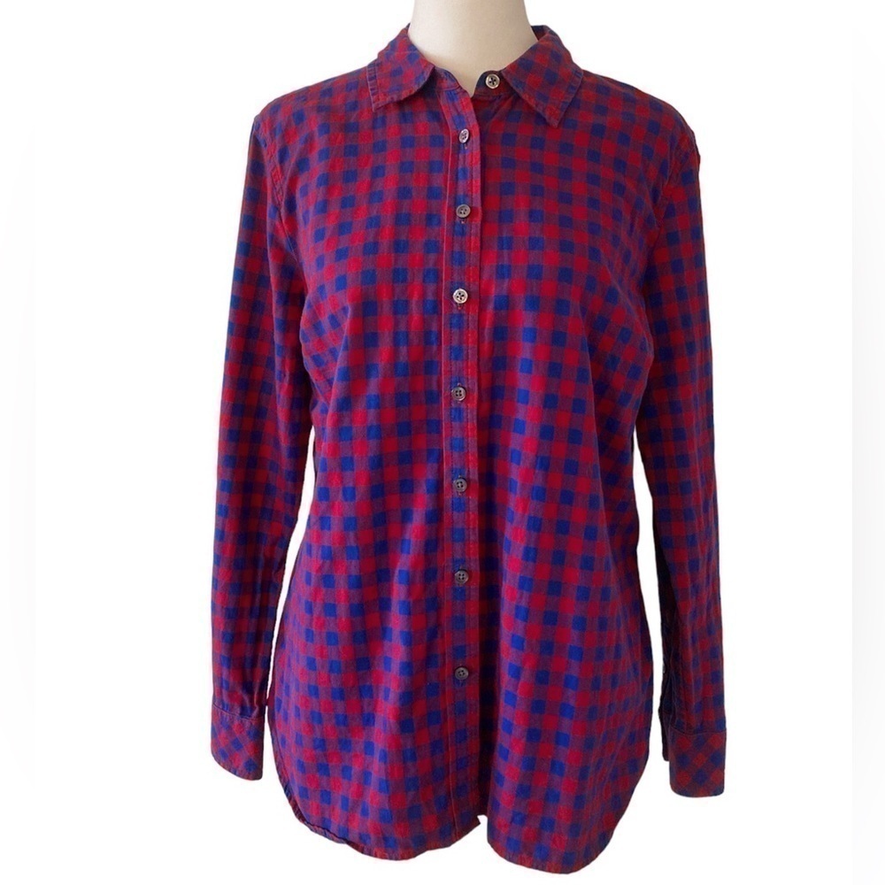 Talbots medium petite long sleeve blouse blue red button down dress shirt